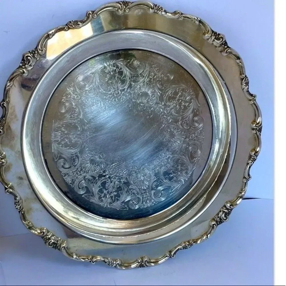 Lunt Round Silver Plate Tray Modern Victorian Floral Buffet Dish